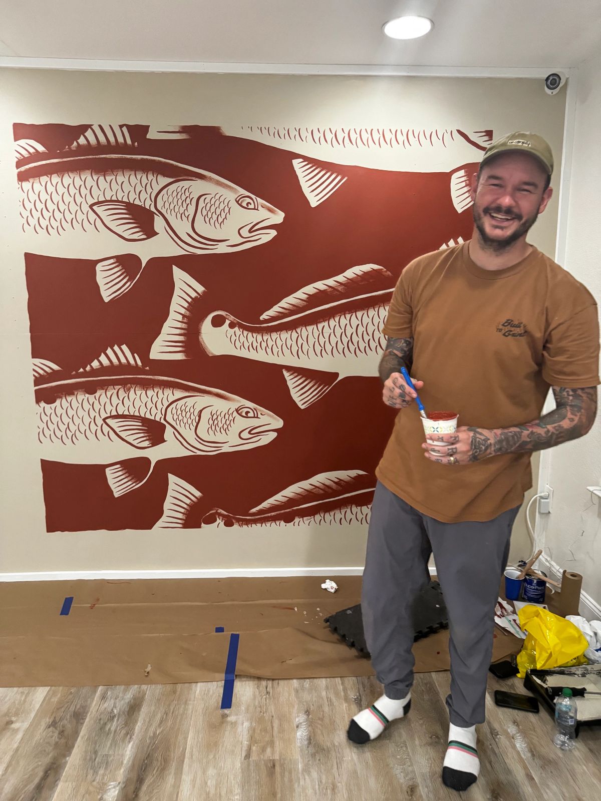 fly fishing mural in progress